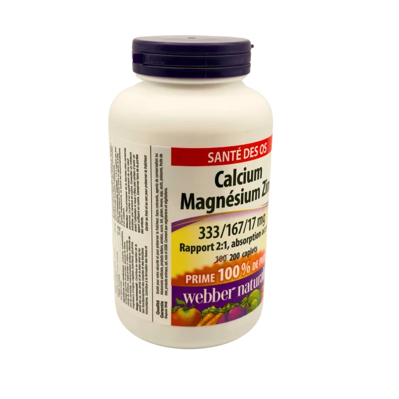 Webber Naturals 333/167/17 mg Calcium Magnesium Zinc Enhanced Absorption 200 Caplets - Image 2