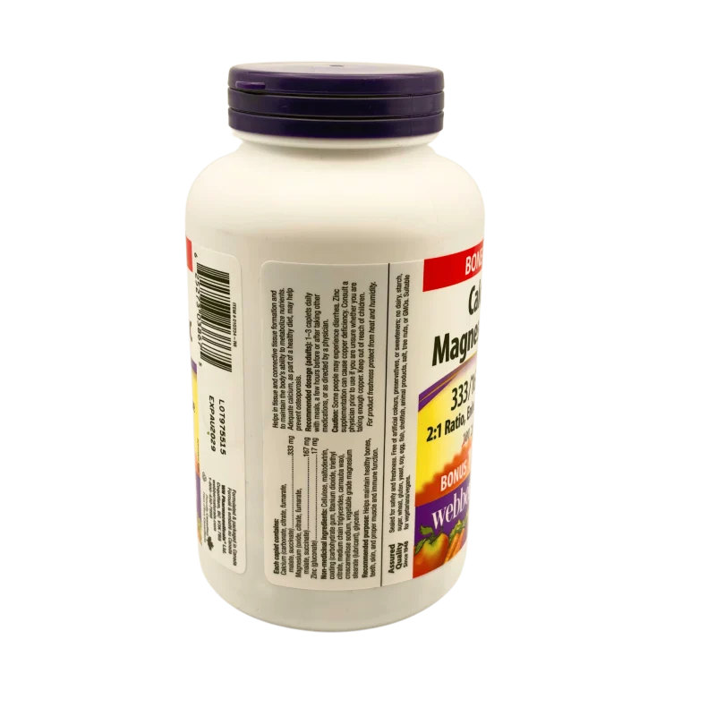 Webber Naturals 333/167/17 mg Calcium Magnesium Zinc Enhanced Absorption 200 Caplets - Image 3